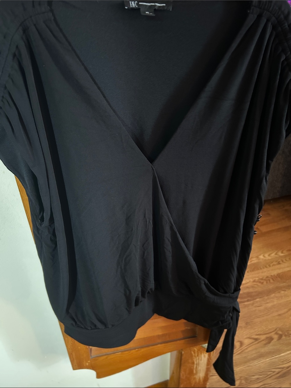 INC International Concepts Black Wrap-Front Blouse with Side Tie